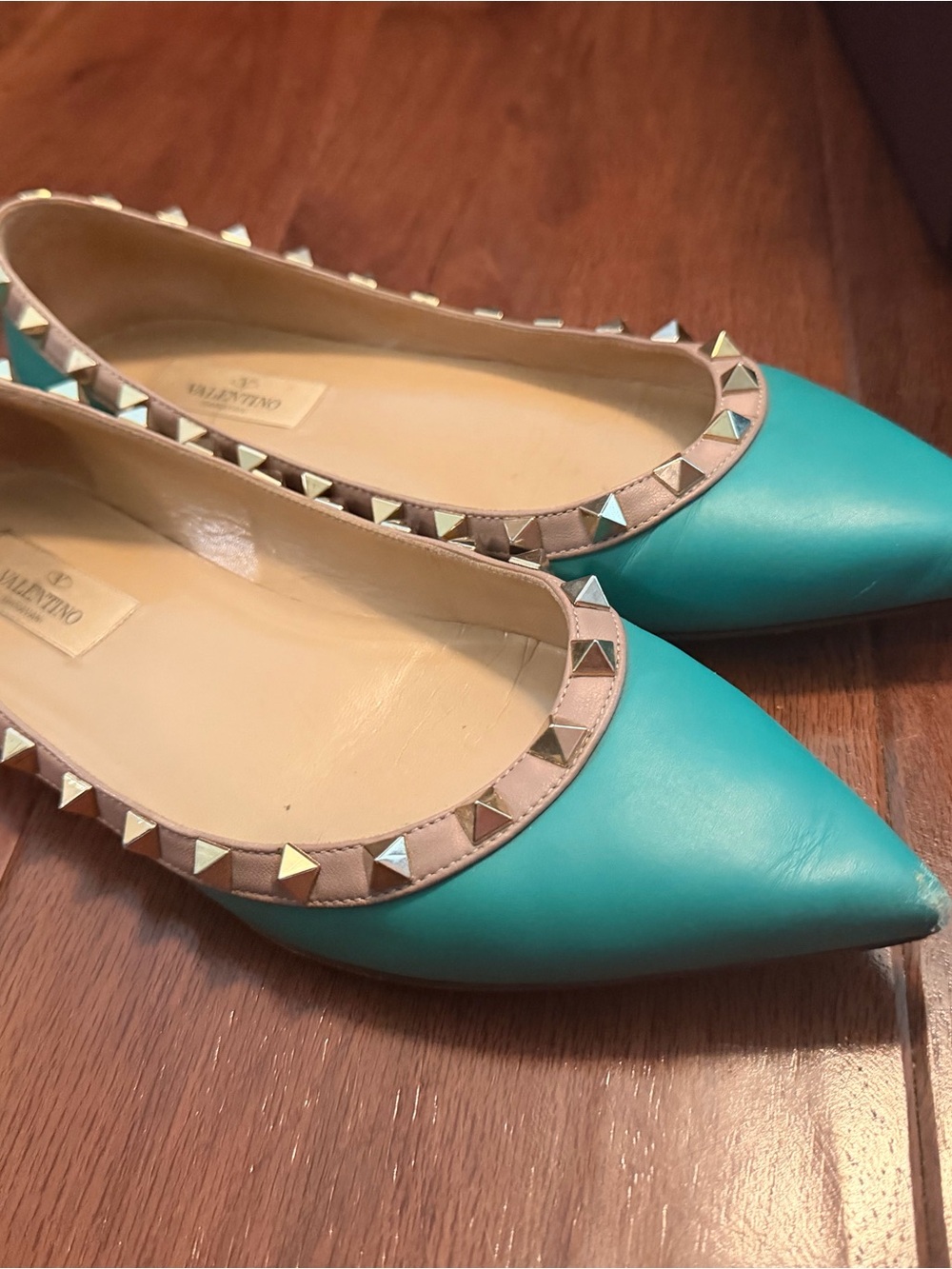 Valentino Turquoise Pointed-Toe Rockstud Leather Flats